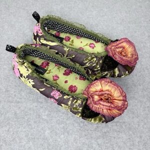 Goody Ruffle Pink Velvet Floral Flower Slippers Twee Womens Small Eclectic Boho